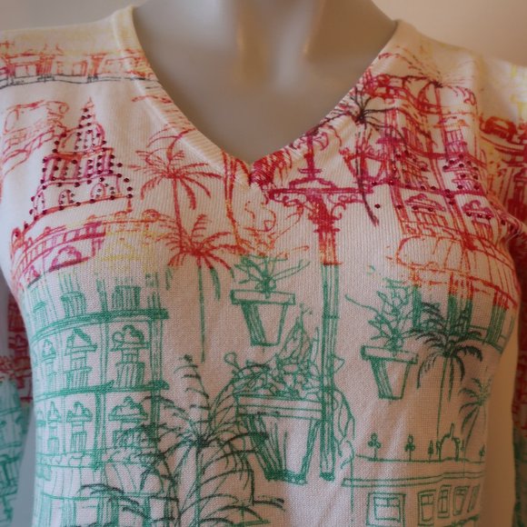 Womens Leo & Ugo White Multicolor V-Neck Print Design Sweater 2 US/M * - Picture 3 of 12